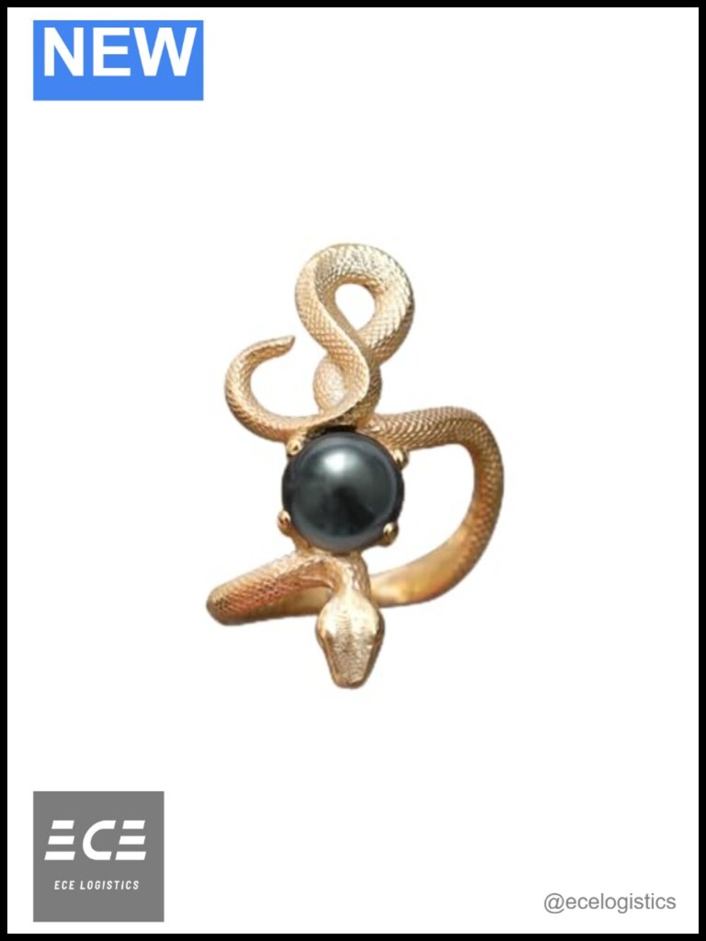 10mm Tahitian Black Pearl Snake Ring 18k Gold-Plated Brass Statement Cocktail